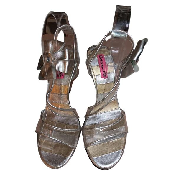 Betsey Johnson  Silver Leather heels bow accent clear heels and straps sz 6 - Picture 8 of 8